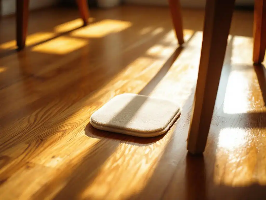Vilten meubelglijders onder houten stoelpoten op honingkleurige eiken vloer met natuurlijk zonlicht