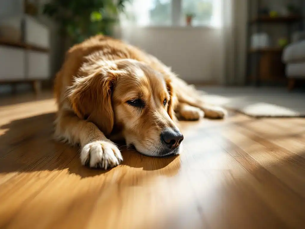 Gouden retriever ligt ontspannen op houten vloer met speelgoed, zonlicht door raam in moderne woonkamer