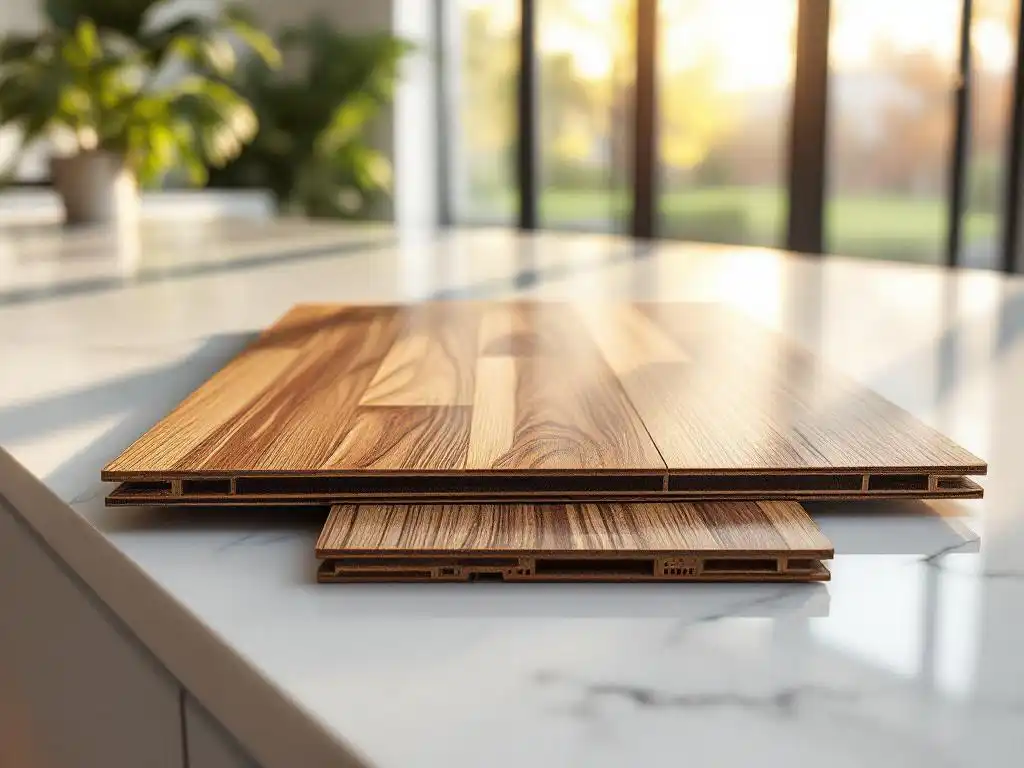 Houten vloermonster op laminaat sample op marmeren toonbank in moderne showroom met natuurlijk licht