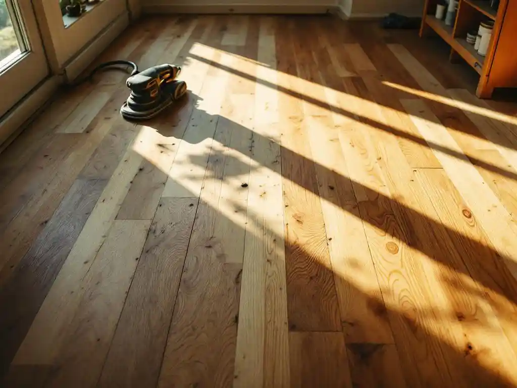 Gedeeltelijk gerenoveerde hardhouten vloer met oude en nieuwe eiken planken, renovatiegereedschap in natuurlijk zonlicht