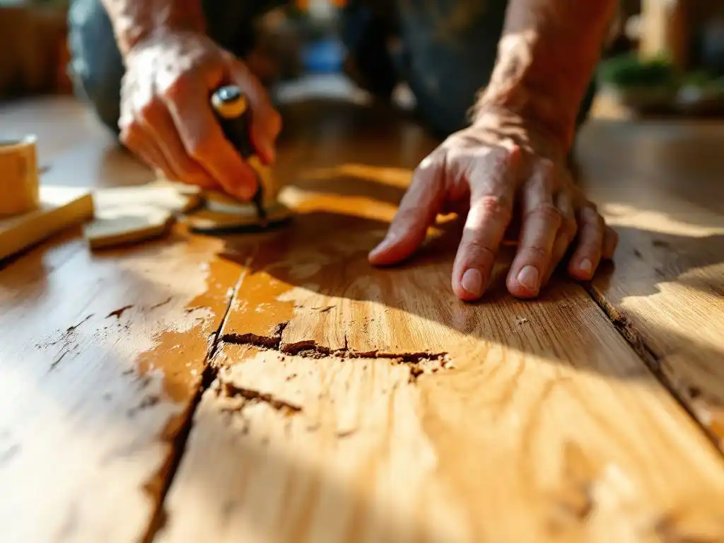 Vakkundige reparatie van beschadigde houten vloerplank met houtplamuur, schuurpapier en beits in natuurlijk licht