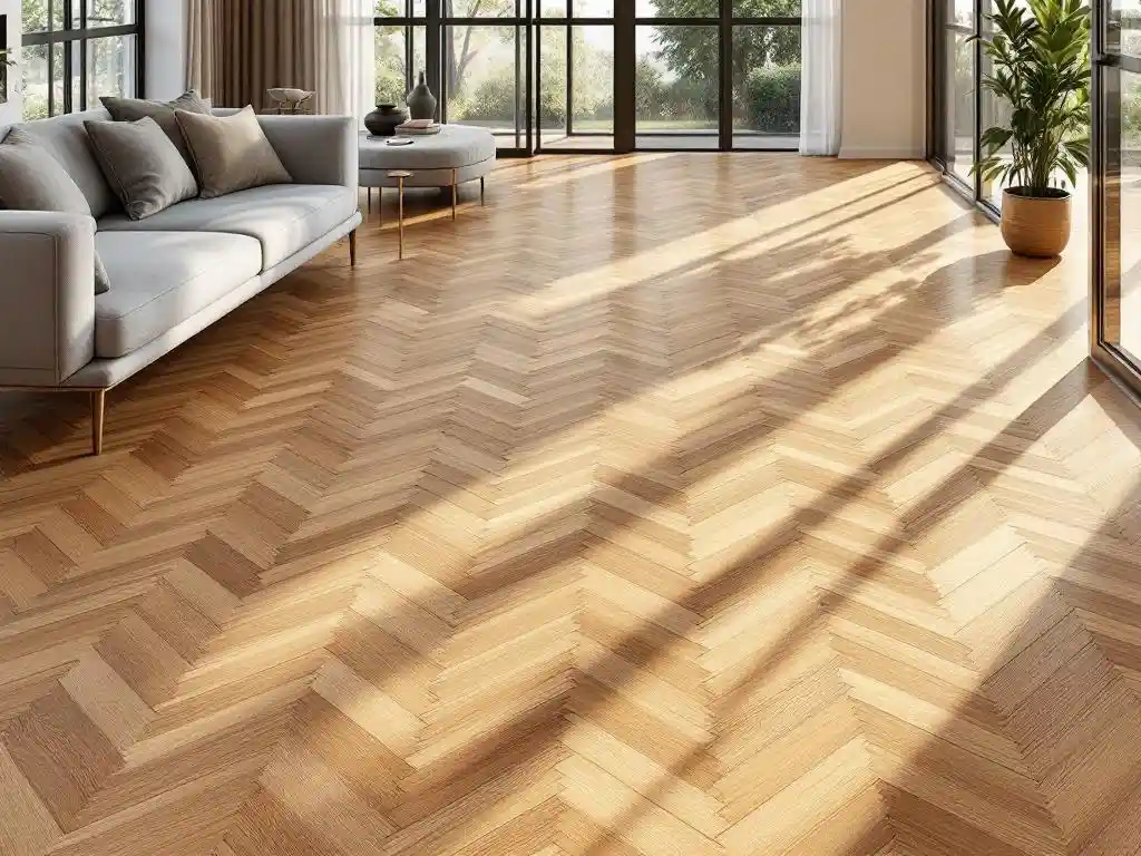 Moderne woonkamer met elegante visgraat hardhouten vloer in honing-eiken, natuurlijk licht en strakke meubels