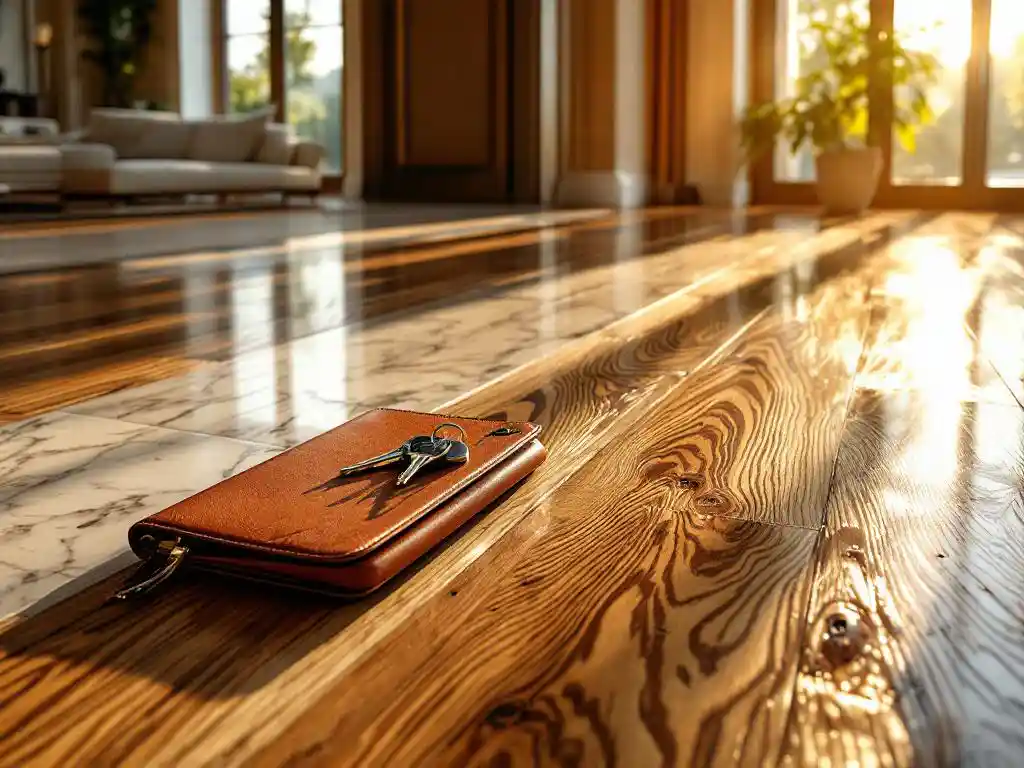 Luxe eiken houten vloer met natuurlijke nerven, leren portfolio met huissleutels, gouden zonlicht door ramen