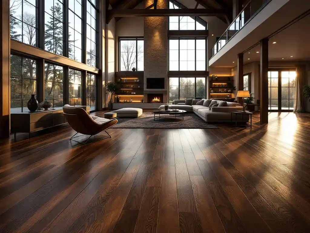 Luxe moderne woonkamer met donker hardhouten vloer, kathedraalplafond met houten balken en grote ramen met natuurlijk licht