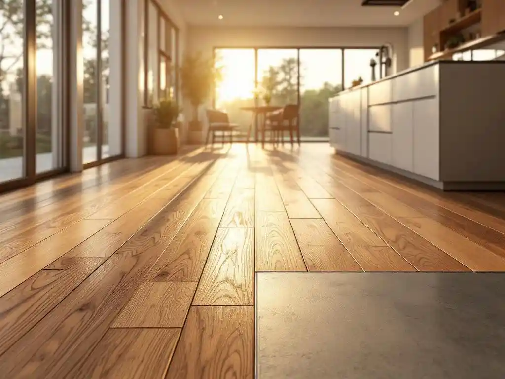 Moderne open keuken met hardhouten vloer die overgaat in betonnen tegels, natuurlijk licht door grote ramen