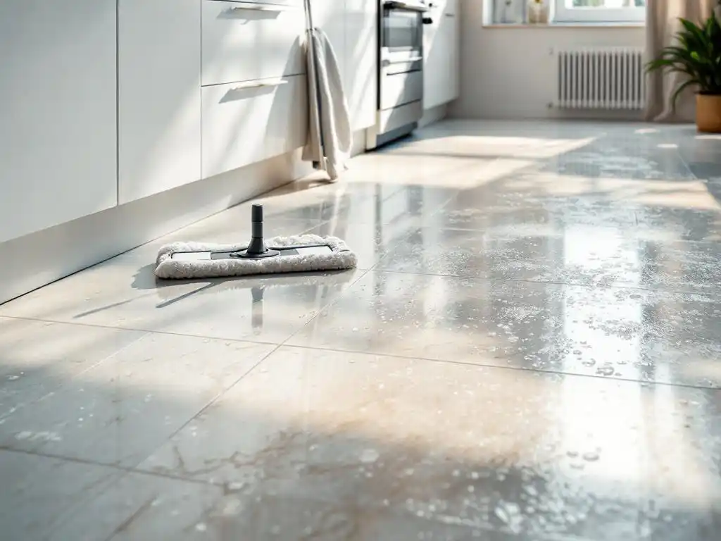 Moderne keuken met grote porseleinen tegels, microfiber dweil tegen witte kast, waterdruppels op glanzende vloer