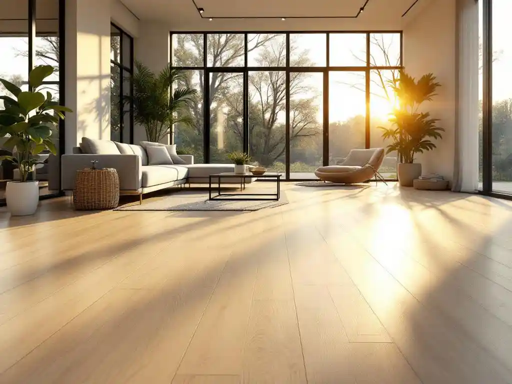 Moderne woonkamer met lichtcrème houten vloer, grijze bank, glazen salontafel en grote ramen met natuurlijk licht