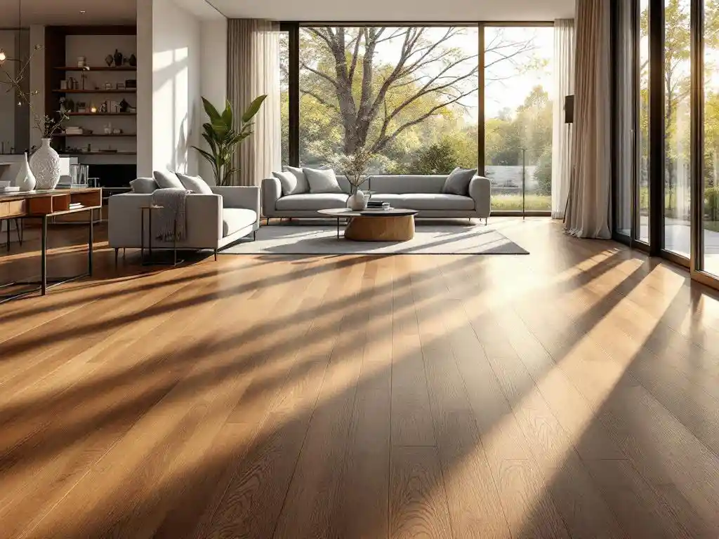 Moderne woonkamer met donker walnoothout dat overvloeit in licht eiken vloer, minimalistische meubels, natuurlijk licht