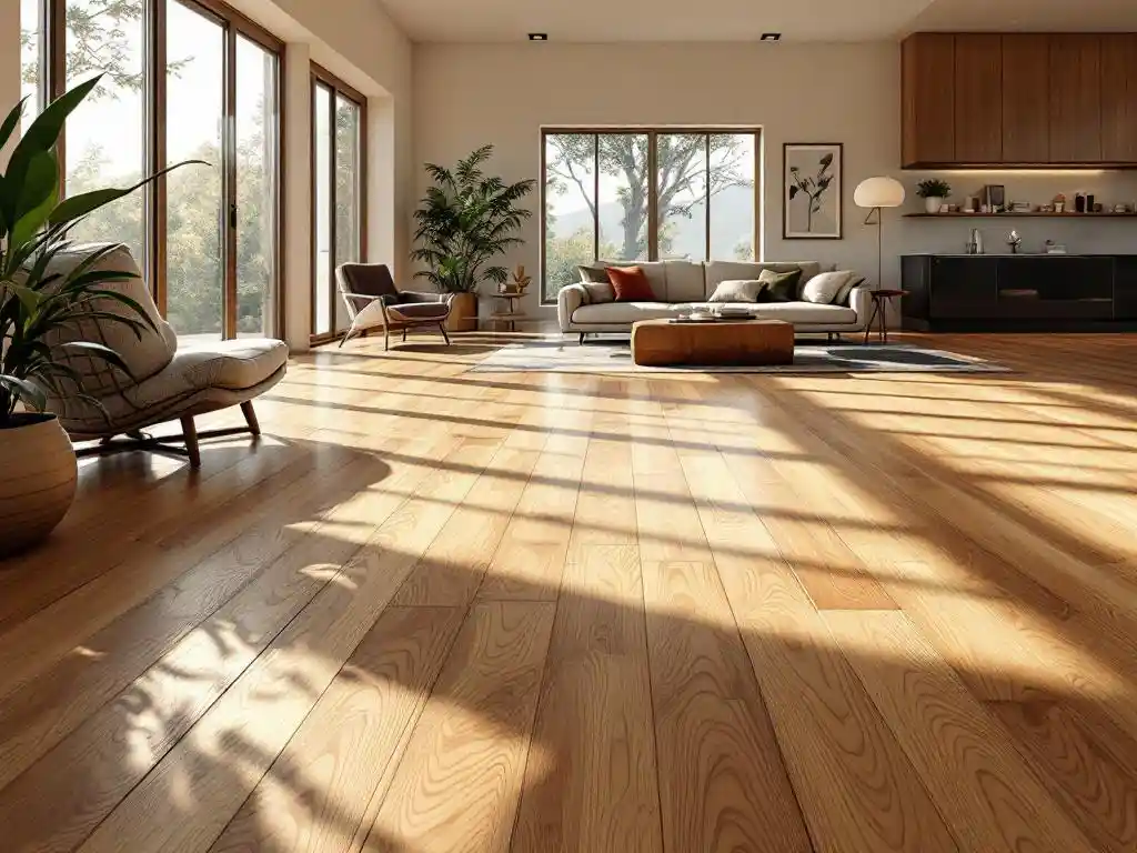 Moderne woonkamer met luxe houten vloer, natuurlijk licht door grote ramen, eigentijdse meubels met zachte schaduwen