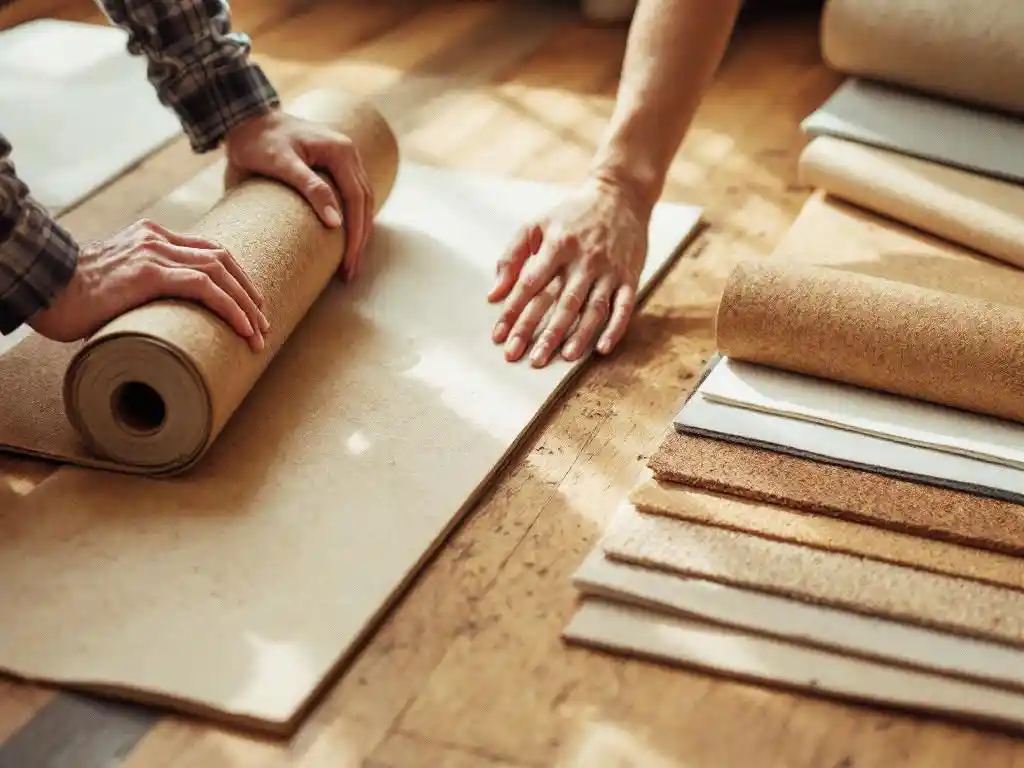 Handen onderzoeken verschillende ondervloer materialen zoals kurk, schuim en rubber op houten vloer bij daglicht
