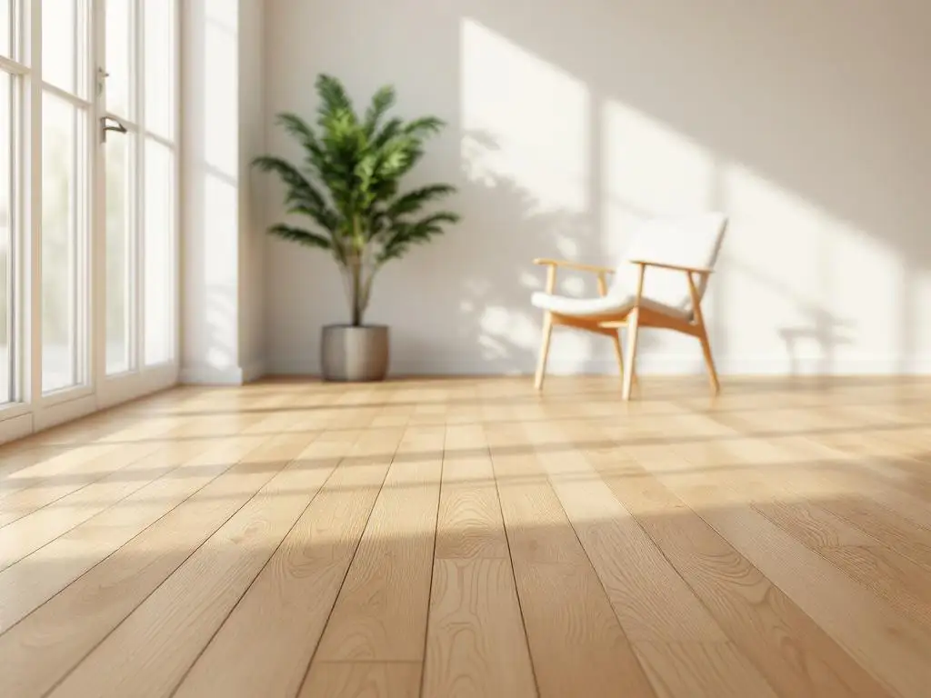 Scandinavische woonkamer met lichte eiken vloer, witte houten stoel, natuurlijk licht en groene plant in hoek