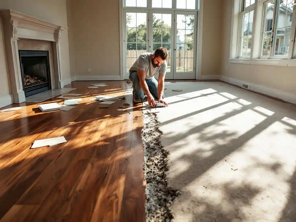 Huiseigenaar meet hardhouten vloer tijdens renovatie, met vloerstalen en calculator, oude vloerbedekking wordt weggehaald