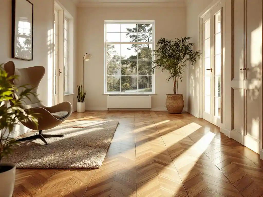 Woonkamer met hardhouten vloer die overgaat in keramische tegels, moderne stoel op kleed, natuurlijk zonlicht door ramen