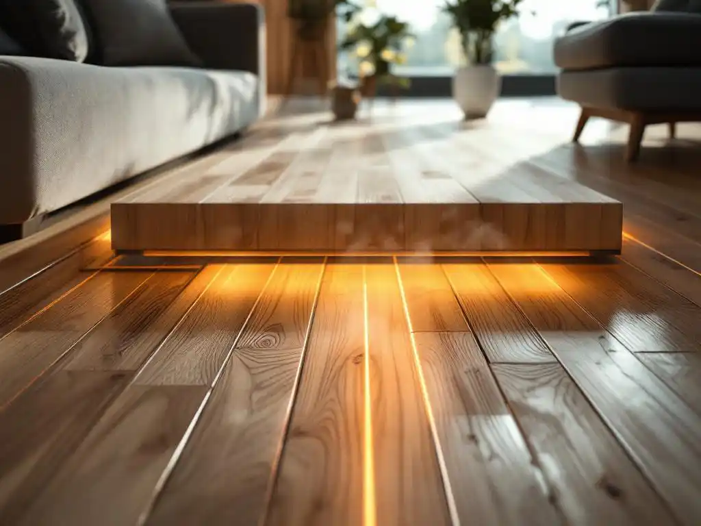 Moderne woonkamer met hardhouten vloer en geïntegreerde vloerverwarming, warme gouden gloed door glazen secties