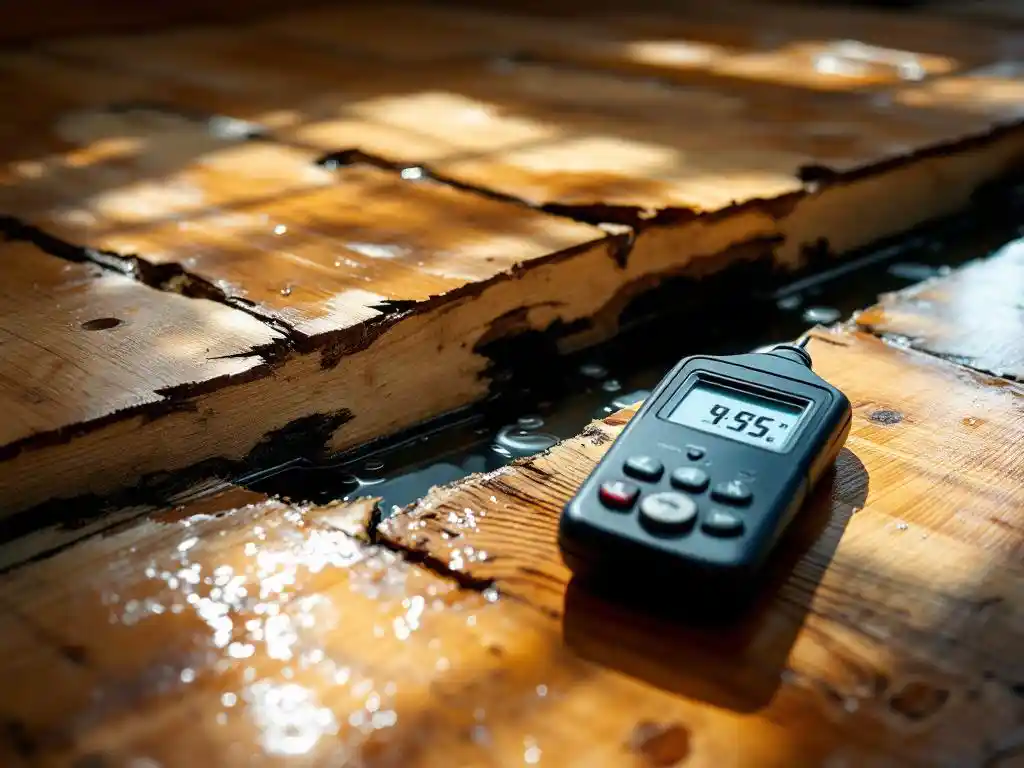 Vochtmeter op beschadigde houten vloerplanken met zichtbare vochtschade en vervormde randen in doorsnede