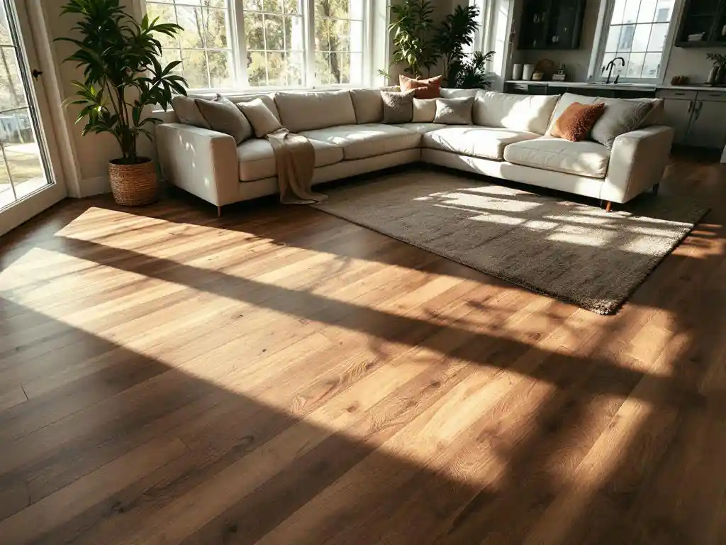 Woonkamer met walnoten houten vloer, crème sectional bank, rustieke salontafel en warm natuurlijk licht door ramen