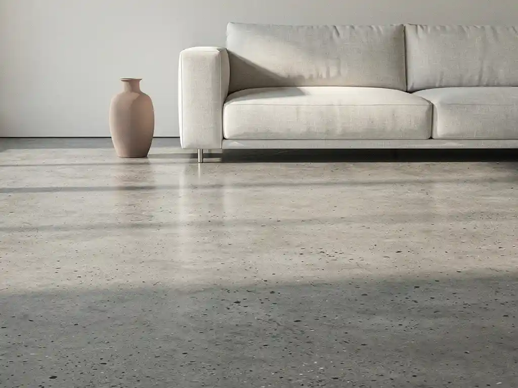 Betonlook vloer in minimalistische woonkamer met linnen bank, keramische vaas en warm middaglicht op matte grijze textuur.