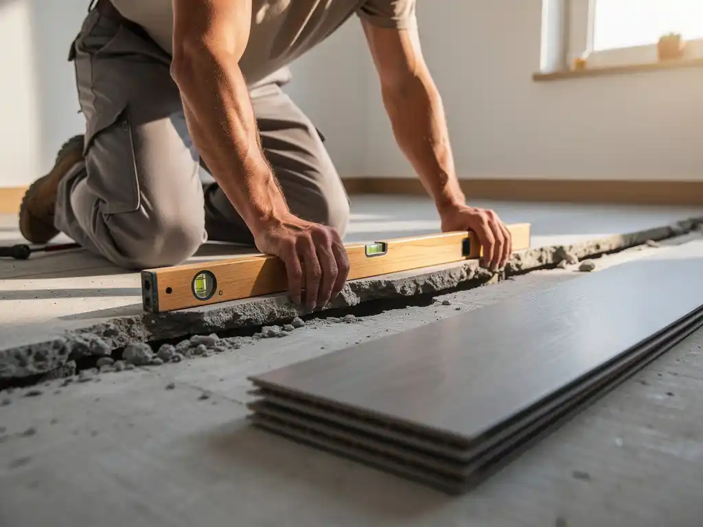 Vloerspecialist controleert ongelijke betonnen ondervloer met waterpas, grijze PVC-planken liggen klaar op de achtergrond.