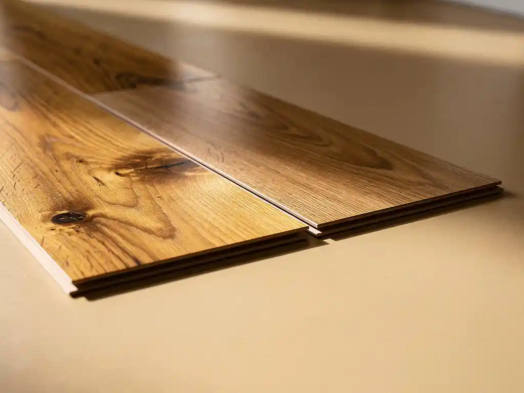 Zij-aan-zij vergelijking van een brede eiken houten vloerplank en een budget vinyl plank in warme honing- en walnoottinten.