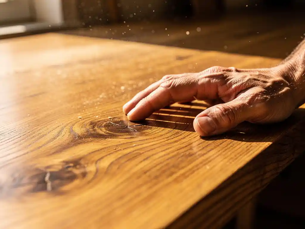 Verweerde hand die een eikenhouten plank inspecteert, met scherp gefocuste houtnerf in warme amber- en walnottinten.