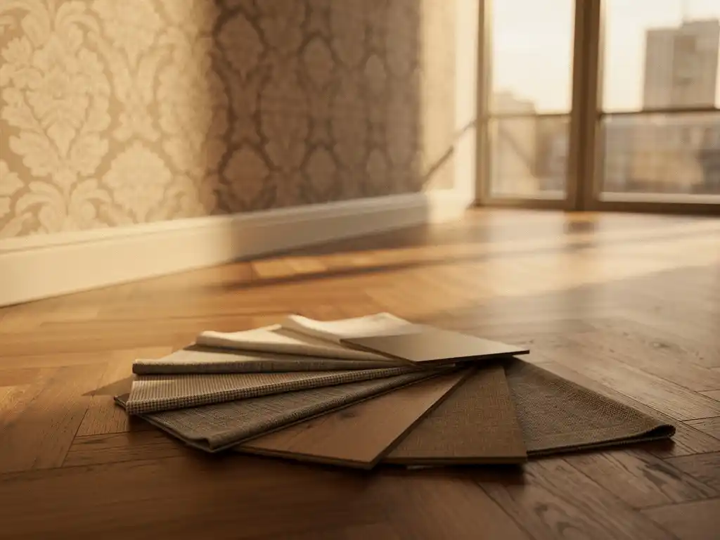 Luxueuze showroom met eiken parketvloer, gestoffeerde accentmuur en uitgespreide stalen van vloer- en wandbekleding in warm goudlicht.