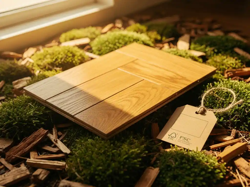 Natuurlijk eiken parketvloer sample op mos en houtsnippers met FSC-certificeringstag, warm middagzonlicht.