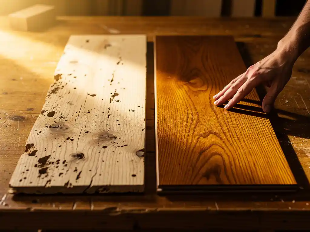 Ambachtsman vergelijkt ruwe en afgewerkte eiken parketvloer planken op houten werktafel in warm gouden atelierlicht.
