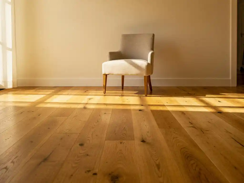 Brede eikenhouten parketvloer in warme honing­tinten, verlicht door middagzon in een stijlvolle woonkamer met elegante stoel op de achtergrond.