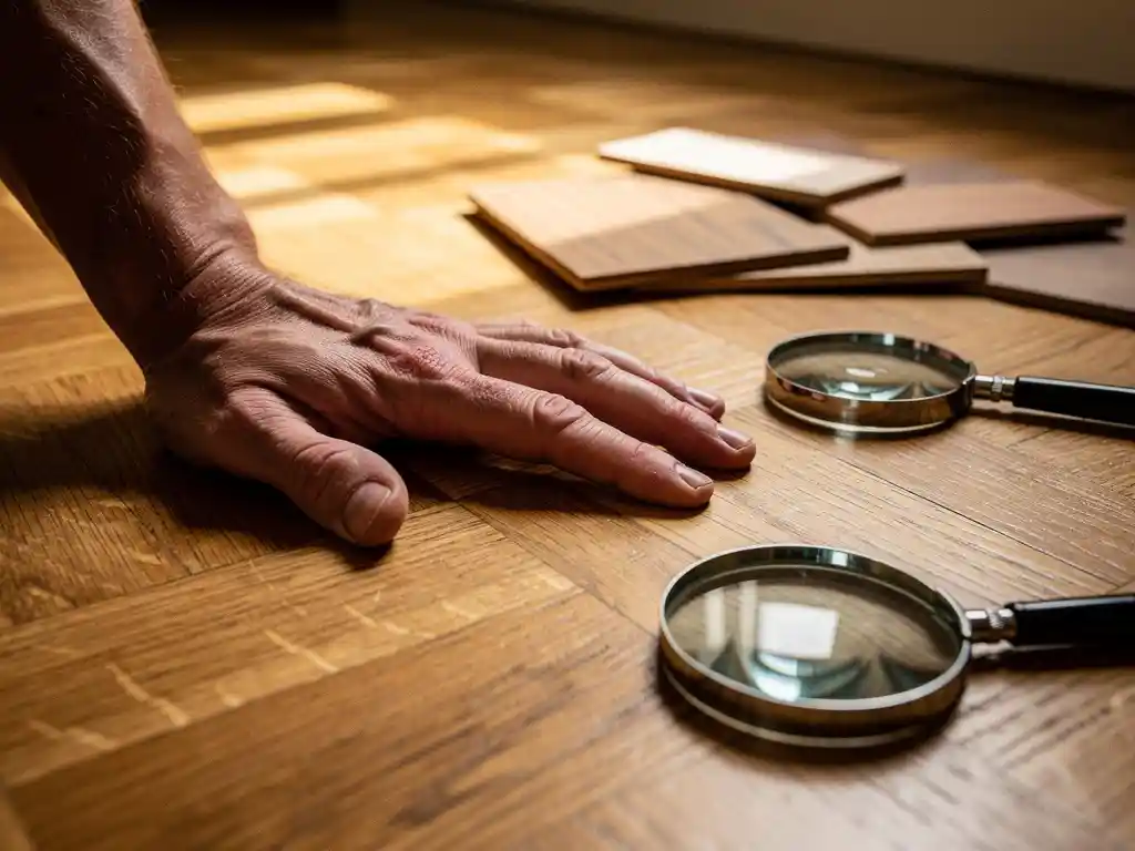 Ambachtsman inspecteert eiken parketvloer van dichtbij, met houtmonsters en vergrootglas op de achtergrond in warm natuurlijk licht.