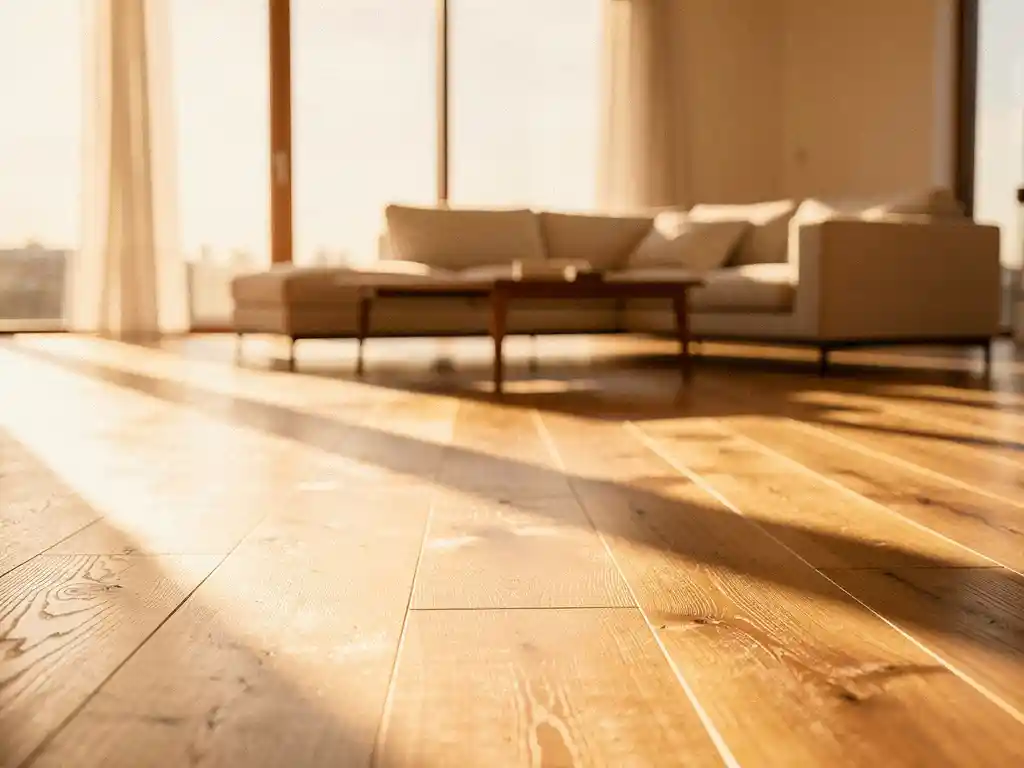 Zonnige open woonkamer met brede eiken parketvloer, vloer-tot-plafondvensters en minimalistisch Scandinavisch meubilair in ivoor en walnoot.