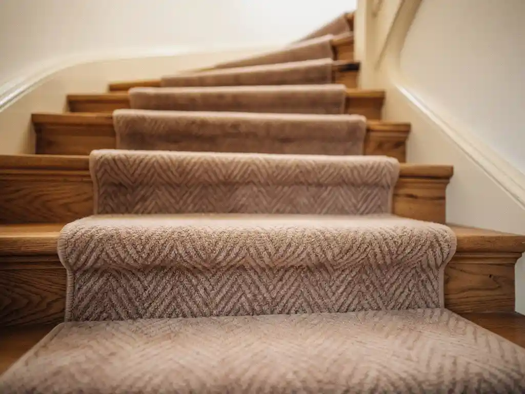 Natuurlijke eiken houten trap met pluche visgraatpatroon trapmat in warm taupe, zachte binnenverlichting van boven.