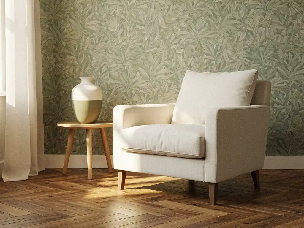 Herringbone eiken parketvloer in warme honingtint naast botanisch behang, linnen fauteuil en keramische vaas in zacht middaglicht.