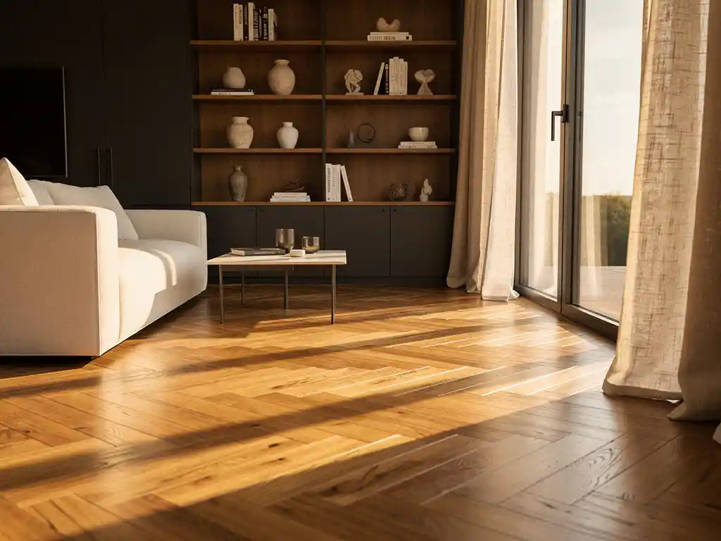 Woonkamer met rijk eiken visgraatparket, linnen gordijnen en ingebouwde kast in warm goudkleurig middaglicht.