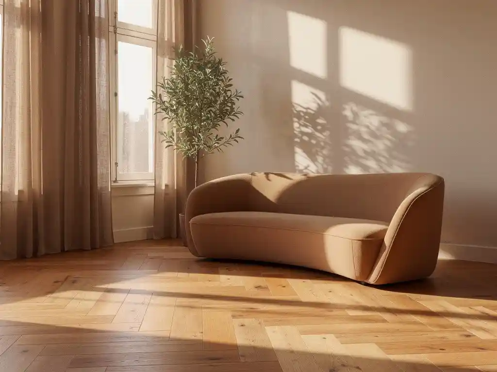 Zonnige Nederlandse woonkamer met brede eiken parketvloer in visgraatpatroon, linnen gordijnen en gebogen zandkleurige bank.