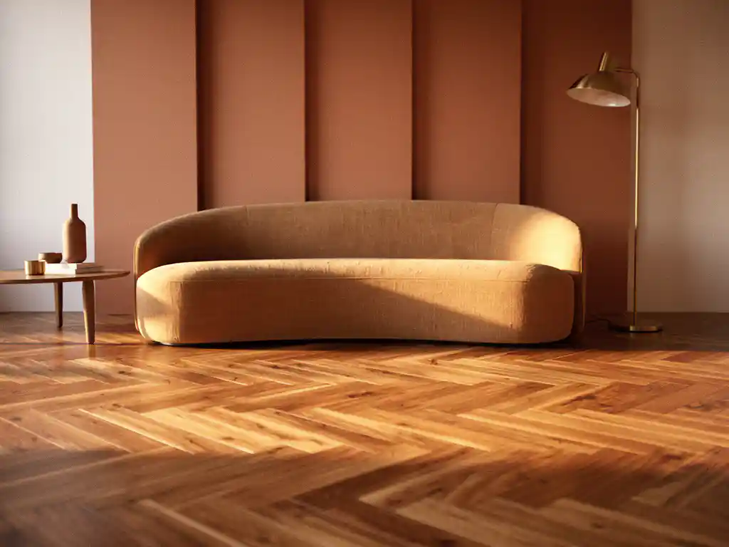 Warme woonkamer met eiken visgraatparket, gebogen linnen bank in zandtint en sculptuurlamp in goudkleurig middaglicht.