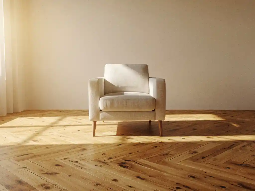 Eiken visgraatparket in zonnige woonkamer met linnen fauteuil, warme amberkleurige houttinten en ivoren muren in middaglicht.