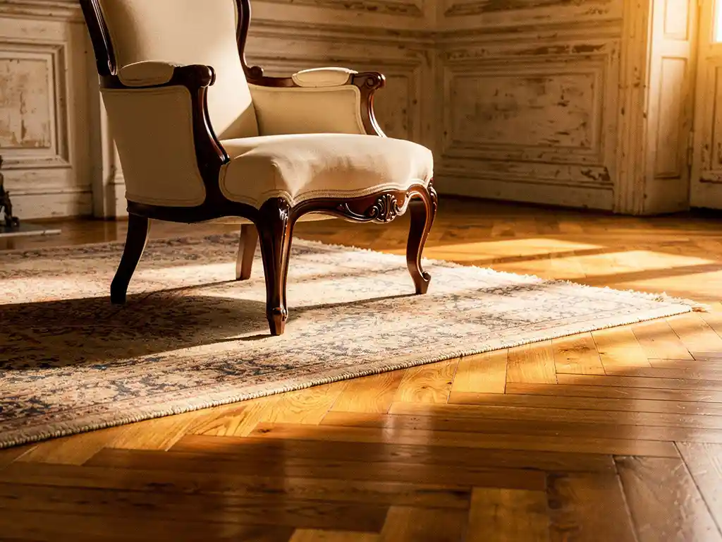 Warm eiken visgraatparket in klassiek interieur met antieke crèmekleurige fauteuil, Perzisch tapijt en rijke wandlijsten in gouden middaglicht.