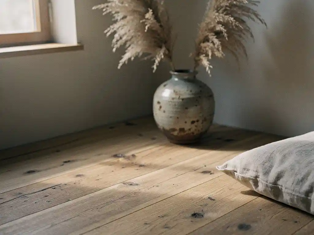 Verweerde eiken plankvloer met keramische wabi-sabi vaas en pampagras in zonnige, Japans-minimalistische hoek.