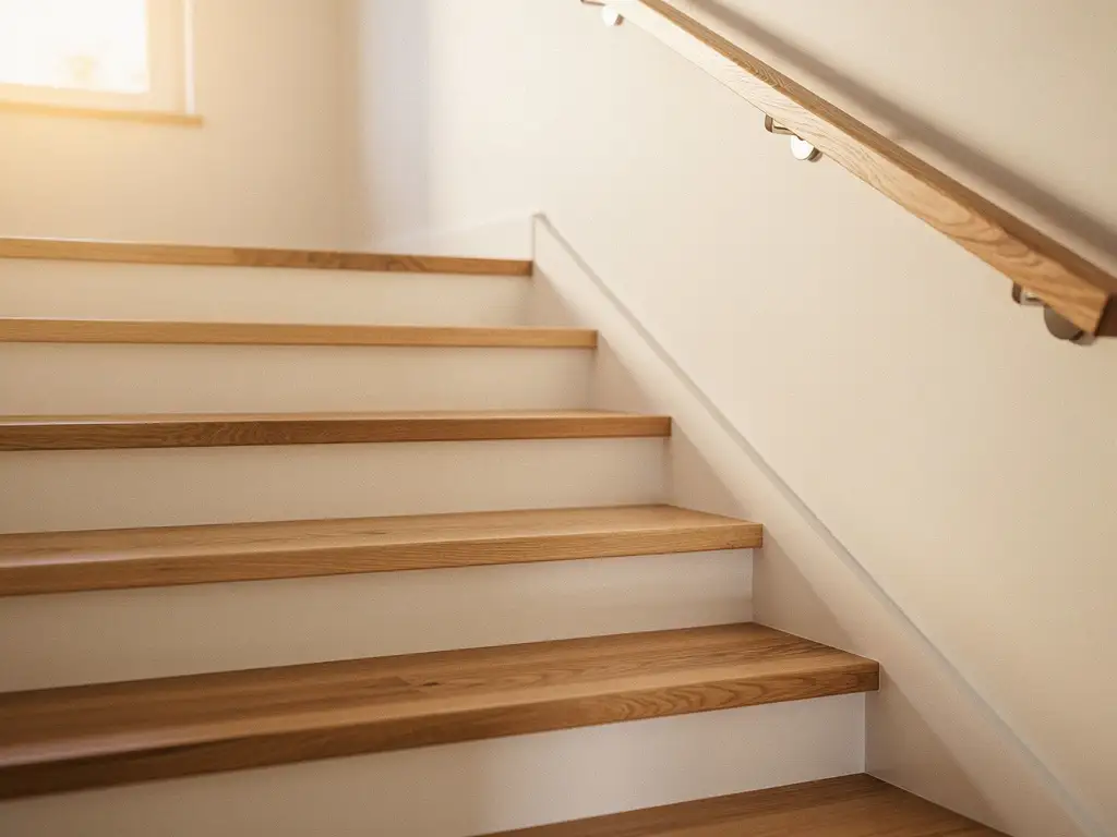 Gerenoveerde trap met antislip eiken treden, witte stootborden en houten leuning in warm middaglicht.