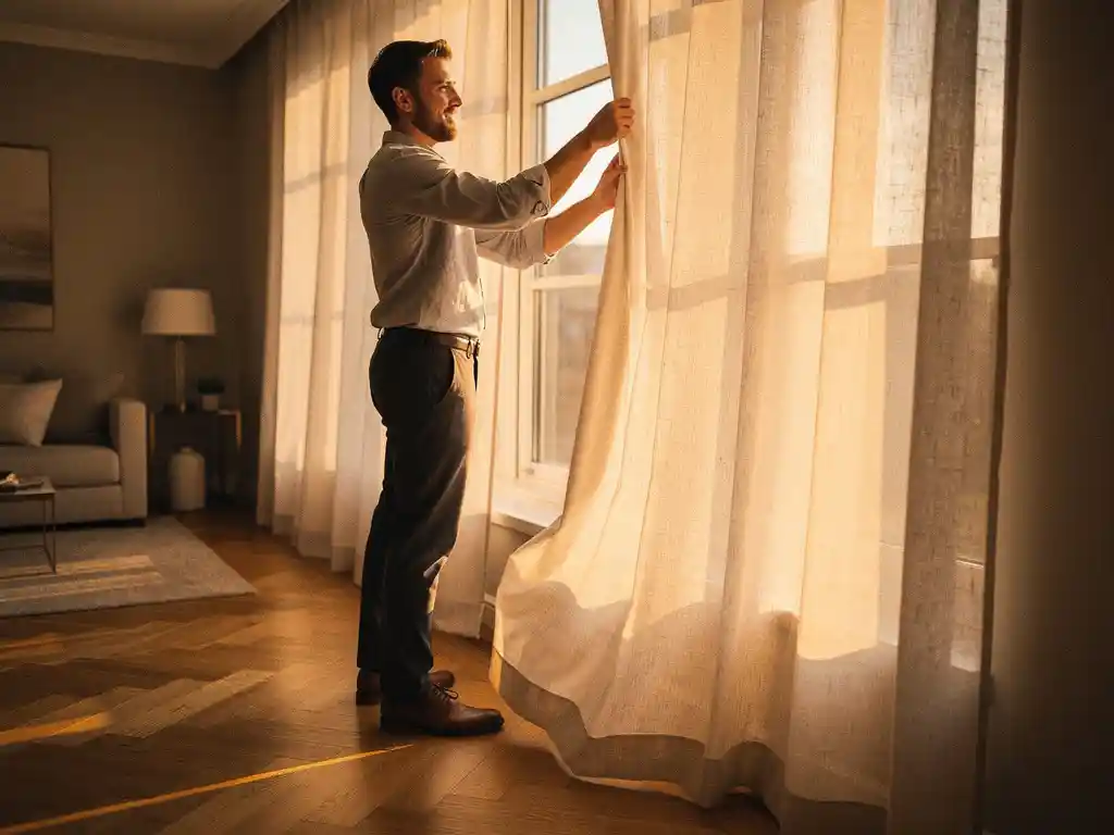 Installateur hangt linnen gordijnen naast een zonnig raam in woonkamer met eiken parketvloer en warm middaglicht.