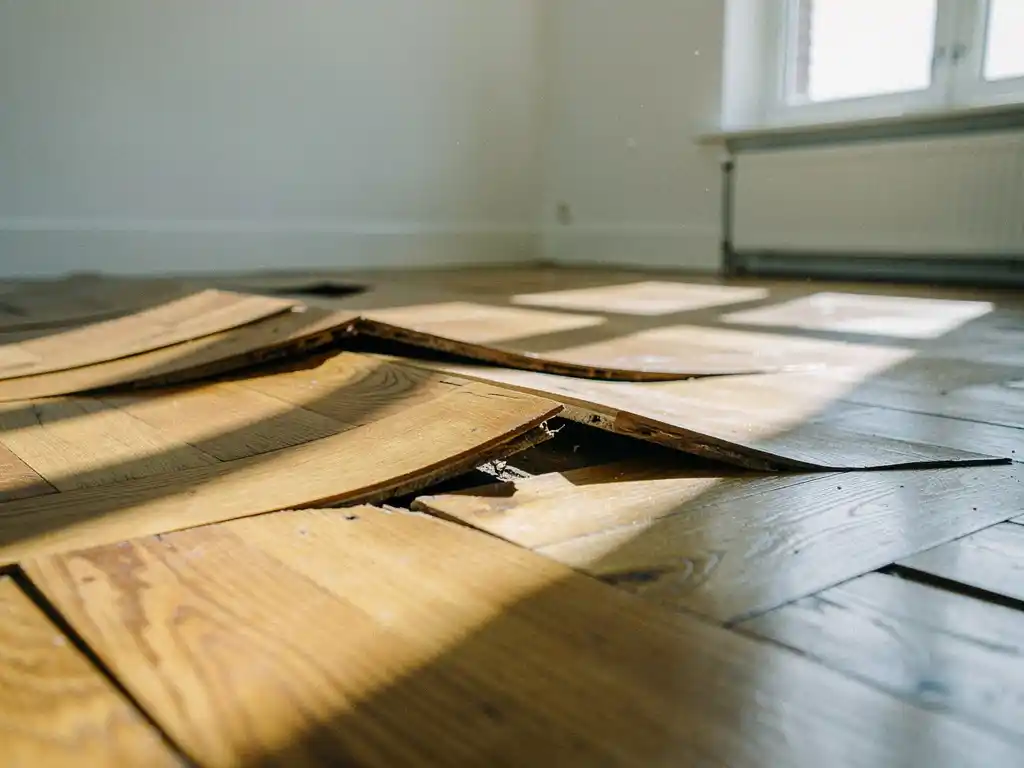 Opgezette en gebarsten eiken parketvloer met liftende planken en zichtbare kieren in een lichte Nederlandse woonkamer.