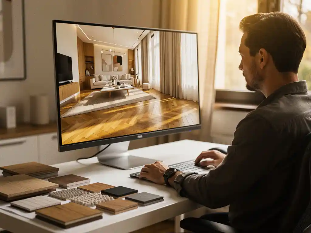 Ontwerper bekijkt fotorealistieke 3D-interieurrender op monitor, met eiken parketvloer en linnen gordijnen, staalkaarten op wit bureau op de voorgrond.