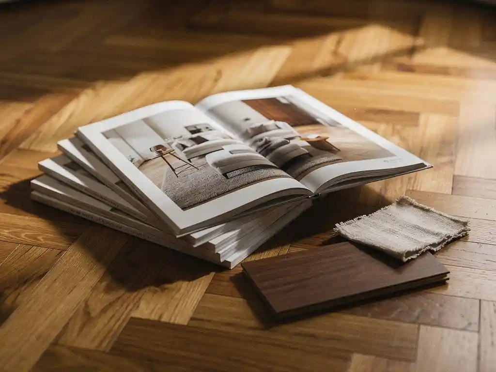 Opengeslagen interieurmagazines op een eiken visgraatparket met linnenstaal en houtmonster in warm natuurlijk licht.