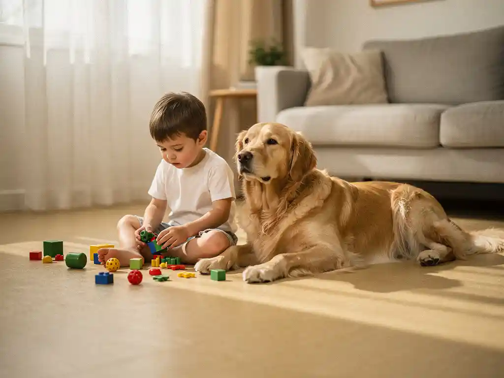Klein kind speelt met kleurrijke speeltjes op beige PVC-vloer, terwijl een golden retriever ontspannen naast hem ligt in een gezellige woonkamer.