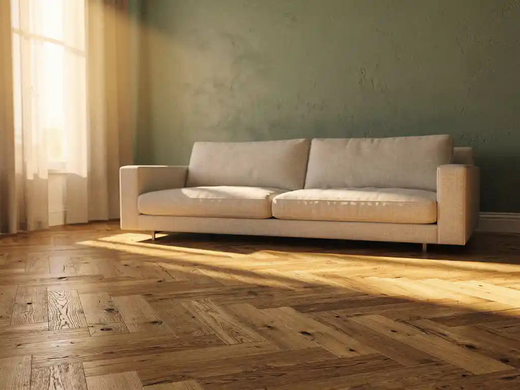 Moderne woonkamer met eiken visgraatparket, salie groene accentmuur en linnen bank in warm middaglicht.
