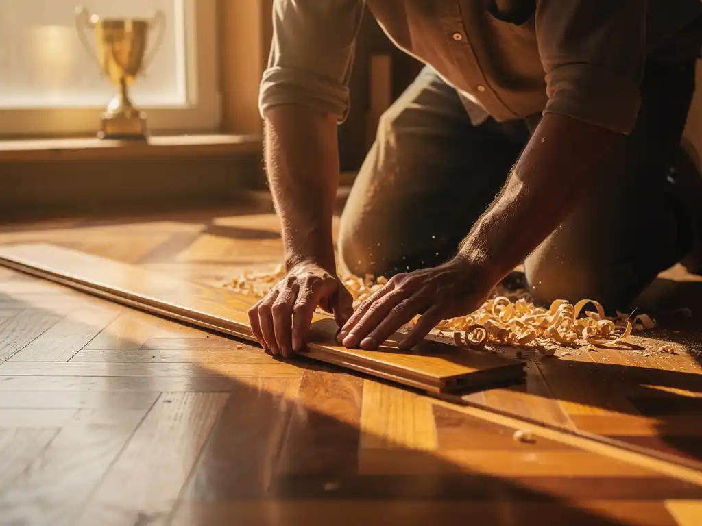 Parketvakman legt nauwkeurig de laatste plank van een visgraatpatroon in eiken, omgeven door zaagsel in warm middaglicht.