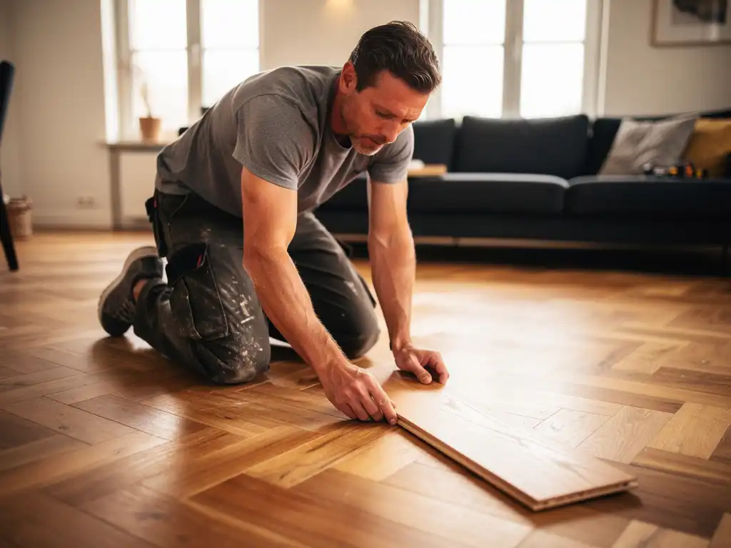 Vakman legt eiken parketvloer in Noord-Brabantse woonkamer, knielt bij houten plank in natuurlijk licht.