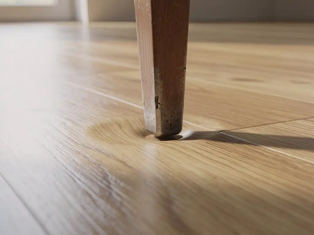 PVC-vloerplank in eiken tint zonder indrukking onder zware houten meubelspoot, zachte natuurlijke belichting.