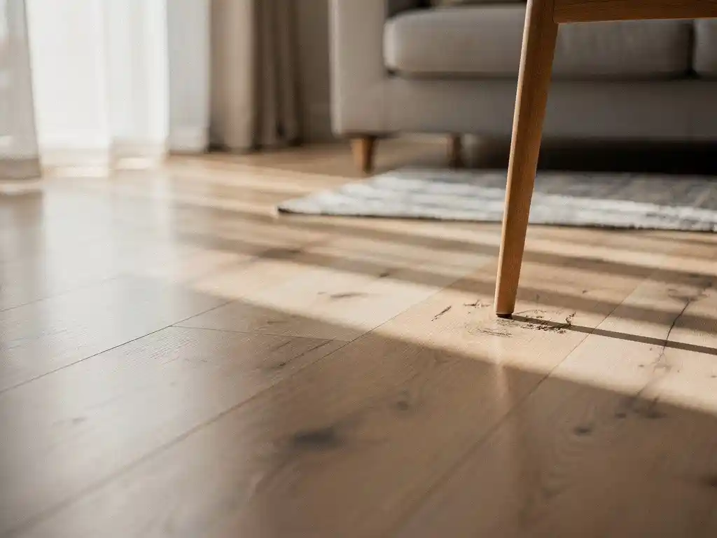 Goed onderhouden PVC vloer in warme Nederlandse woonkamer met zachte glans, lichte krassen bij stoelpoot en middaglicht door linnen gordijnen.