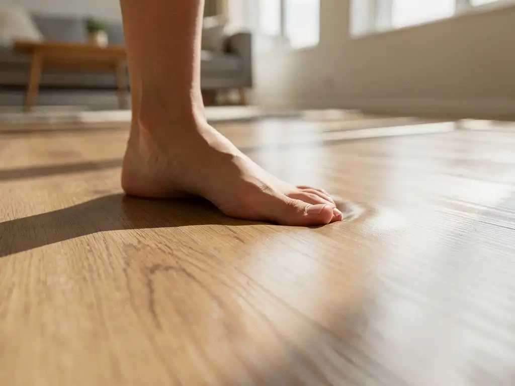 Blote voet op warme PVC-vloer met houtnerf textuur in Scandinavische woonkamer, zacht natuurlijk licht op matte honingkleurige ondergrond.